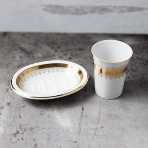 Vintage porcelain gold white bathroom soap dish tumbler Andre Richard Japan set